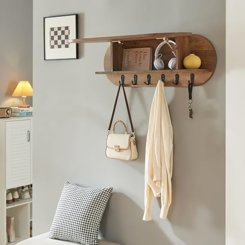 [en.casa] Appendiabiti da Parete con Scomparto Chiuso e Vani Aperti Mensola Attaccapanni a Muro con Anta a Ribalta e 6 Ganci per Borse Cappotti 80 x 16 x 30 cm - Effetto Noce