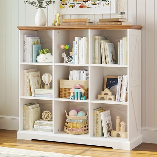 IRONCK Wooden 9 Cube Storage Organizer, Cube Shelf Organizer with Storage, Farmhouse Short Bookshelf for Bedroom, Living Room and Home Office, White