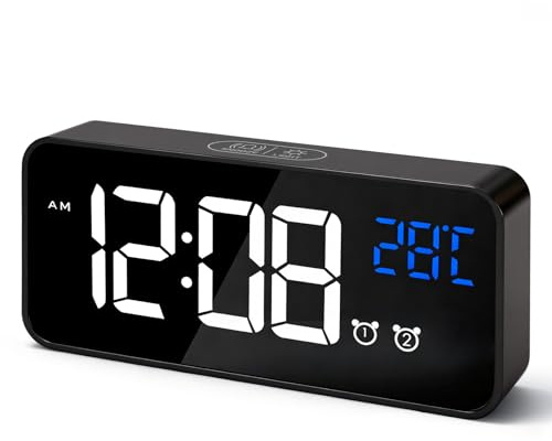 TOSUTO Sveglia Digitale,Sveglia da comodino Portatile,Orologio Digitale LED con Termometro,2 Sveglie,13 Tonalità,Controllo Vocale,4 Livelli Luminosità,Funzione Snooze,Formato 12/24h (Nero)