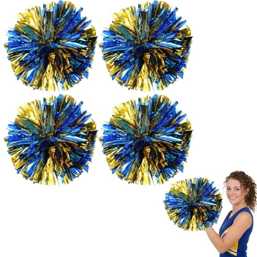 ZISHAN 4 PCS Pom Poms Cheerleading, with Finger Ring Design, Blue and Gold Coloured Pom Poms for School Sports Competitions and Dance Performances, Cheerleader Pom Poms for Team Spirit Activities