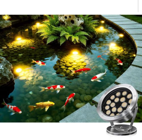 Undervatten LED-lampor – 24 V LED-dykbelysning för fontäner, undervattensdammstrålkastare, IP68 vattentät simdammlampa, belysning för trädgård, gräsmatta och stenträdgård (varmt ljus, 18 W)
