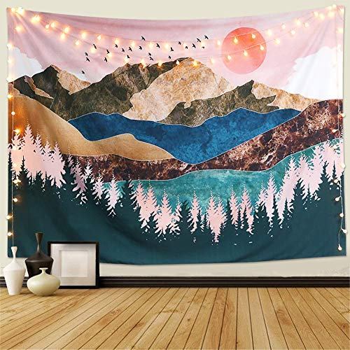 Dremisland Sonnenuntergang Wandteppich Wald Baum Tapisserie Tuch Wandtuch Berg Wandbehang Psychedelische Natur Landschaft Tapisserie Dekoration für Schlafzimmer Wohnzimmer