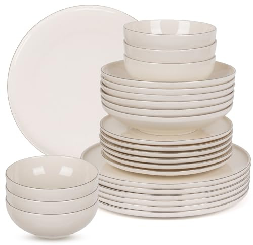 Premium Geschirrset 24-teilig aus edlem PORZELLAN für 6 Personen | 6x Große Essteller 27 cm, 6x tiefe Suppenteller, 6x Dessertteller und 6x Schüsseln | Cremeweiss mit Platinring