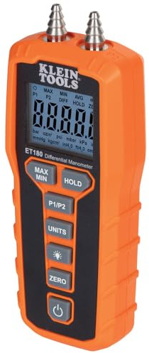 Klein Tools ET180 Digital Manometer, Air and Gas Pressure Tester, Differential Dual Port Pressure Gauge, Large LCD Display with Backlight