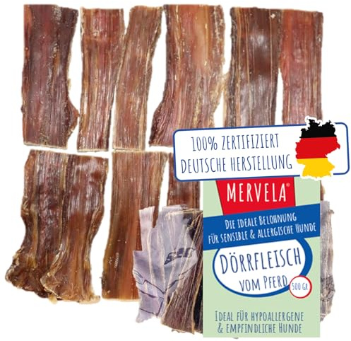 MERVELA® Carne di essiccazione naturale per cani | ipoallergenica | 100% cavallo | essiccata delicatamente | senza cereali | snack premium dalla Germania | 500 g