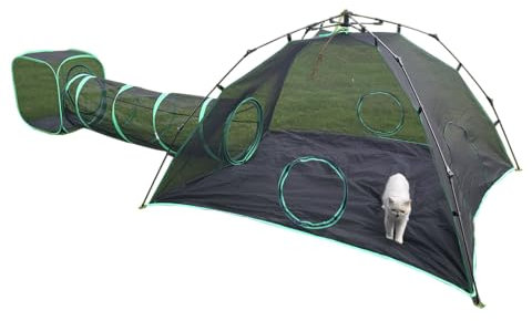 Pawtenda 3-in-1 Outdoor-Katzengehege, tragbares grünes Katzenzelt für draußen, Katzenzelt mit 1 Kuppelzelt, 1 geradem Tunnel und 1 Würfel, Outdoor-Katzenspielgehege für Katzen und andere Tiere