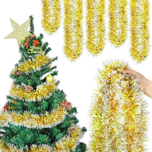 HOWAF 6 x 2M Girlande Weihnachten, Weihnachtsgirlande Gold Tannengirlande Weihnachtsdeko Lametta Weihnachtsbaum Girlande Hängende Dekoration für Wand Tür Fenster Kamine Treppengeländer Kranz