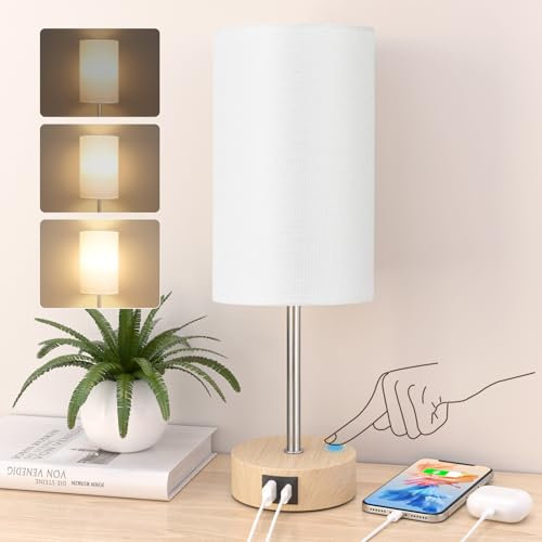 STANBOW Bedside Lamps, Touch Lamps Bedside with USB A+C Charging Ports, 3-Way Dimmable LED, Table Lamps for Living Room Bedroom Gift with Blue Shade-Wood Base (LED Bulb Included) (White)