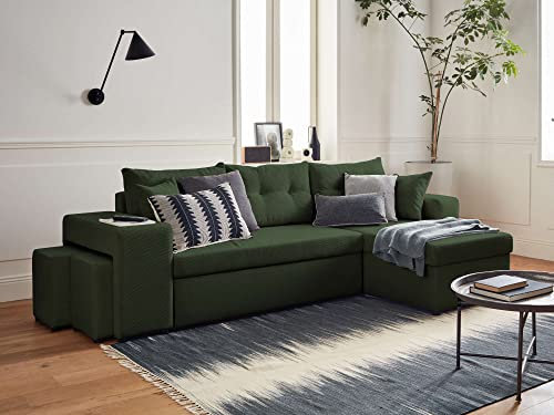 Bestmobilier California - ecksofa beidseitig montierbar mit schlaffunktion - mit Truhe, Tisch und Hockern - aus Cord - 4 Sitze Grün