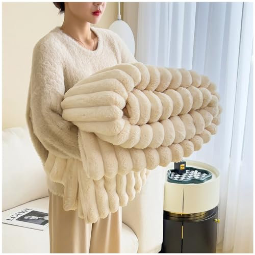 NUODWELL Manta de forro polar suave, mullida, súper cómoda y cálida de peluche de conejo - Manta de doble capa para cama, sofá, silla (blanco crema, 150 x 200 cm)