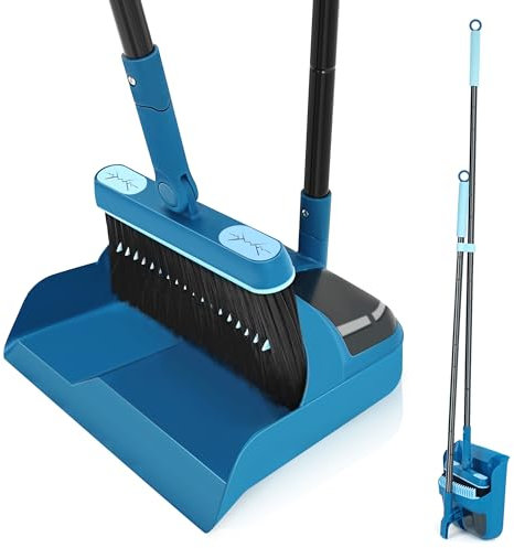 JEHONN Escoba Alta y Recogedor Plegable, Cepillo Barrer de Mango Largo, Juego de Sartenes para Interior con Giratorio de 180 Grados Cabeza para Cepillos para Barrido de Casa (Azul)