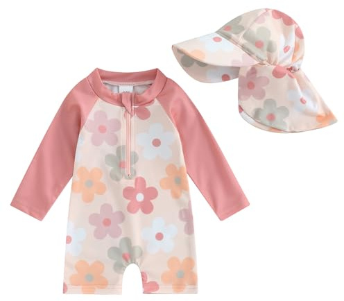 Maillot de Bain Une Pièce Enfant Bébé Fille Zippé à Manches Longue Anti-UV avec Chapeau (Rose Fleurs, 6-12 Months)