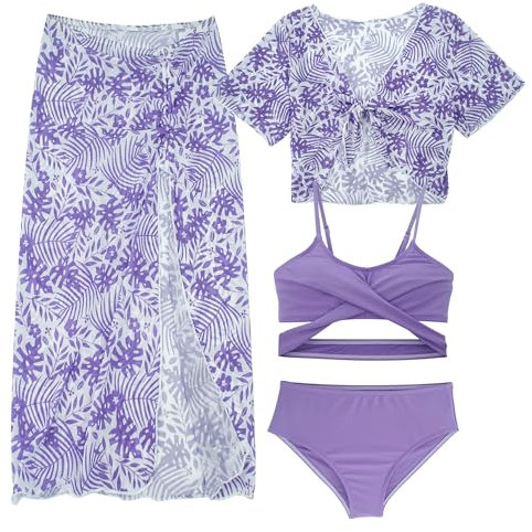 FEOYA Ragazza 3 4 Pezzi Costume da Bagno Set Bambino Bikini Abbigliamento Nuoto Tankini Swimwear Top Bikini+Triangolo+Anti UV Manica Corta+Pantaloni Gonna Lunga Beachwear Spiaggia 8-12 Anni, Viola 2.,