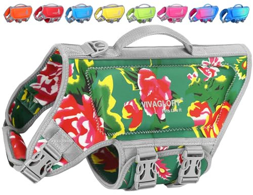 VIVAGLORY High Buoyancy Schwimmweste Hund, Rettungsweste, Hundeschwimmweste für Bootfahren, Schwimmhilfe & Auftrieb, S, Nordwest Blumen-Grün