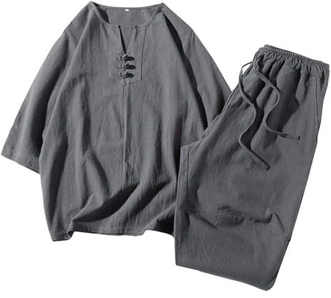 WAZHAKU Combinaison de sport pour homme, kungfu Tang, arts martiaux traditionnels chinois, Tai Chi Wushu Shaolin Qigong, manches courtes, vêtements décontractés, col montant, chemise, pantalon,