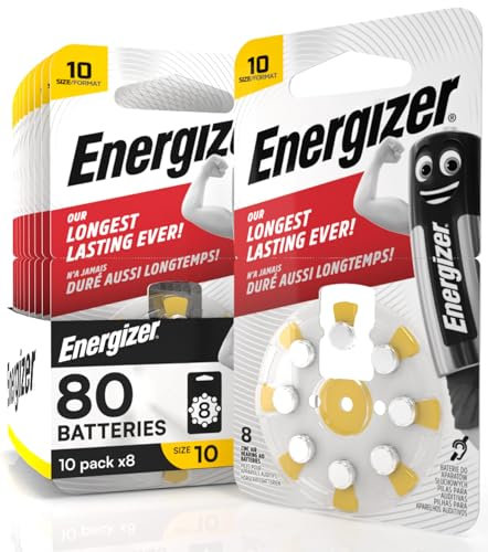 80 Batterie Acustiche Energizer per Apparecchi Acustici Auricolari Misura 10 Giallo con Tecnologia PowerSeal - 10 Blister da 8 Pile
