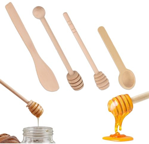 4 Pz agitatori per Miele,cucchiai di Miele,cucchiai di Miele in Legno, Miele Server di miscelazione Cucchiaio di Legno per vasetto di Miele Dispenser Drizzle Bastone per mestolo di Miele
