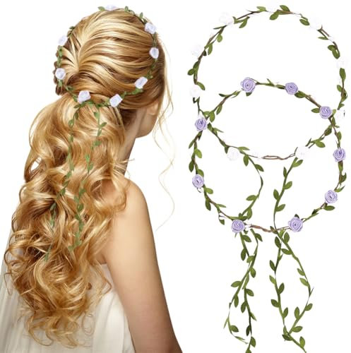 CRASPIRE 2 couronne de Fleurs Blanches Bandeau Guirlande de Fleurs Accessoires pour Cheveux 2 couleurs Lilas Polyester Rose Floral Feuille Verte Couronne Bohème Coiffe pour Femmes Mariage Vacances