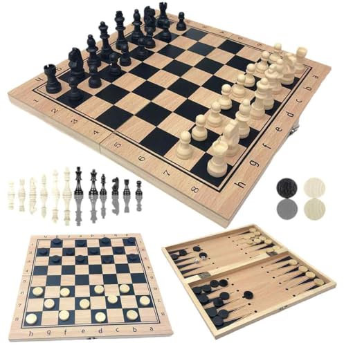 Backgammon Koffer Holz, 3 in 1 Strategie Brettspiel, 24 cm mit Holz-Spielsteinen Freunde und Erwachsene