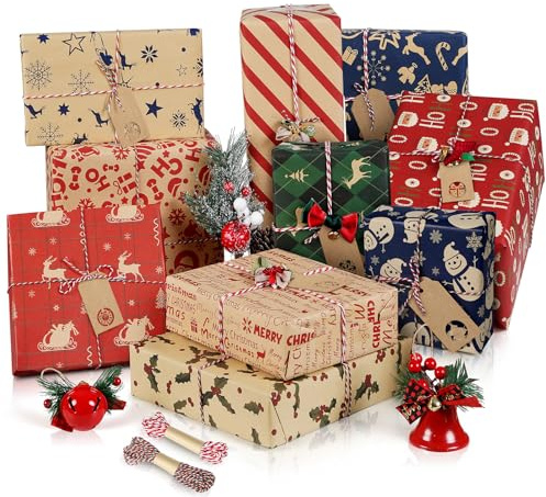 Christmas Wrapping Paper Sheets Xmas Gift Wrap Set, 70 * 50cm 10Sheet Luxury Traditional Red Blue Kraft Paper with Strings&Tags, Family Friends Present Decorations for Festival Holiday Party New Year