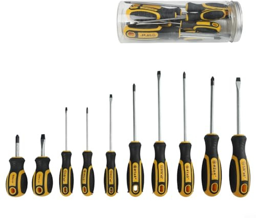 Lot de 10 tournevis magnétiques avec poignée ergonomique TPR pour vis cruciformes et fendues, construction en acier au chrome vanadium (10 pièces)