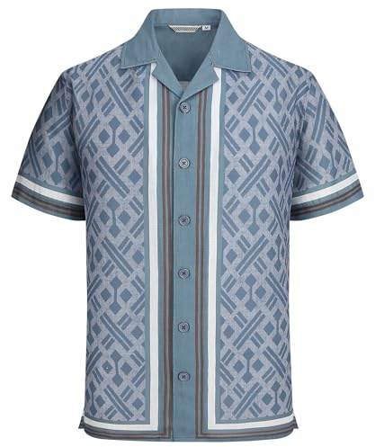 Alex Vando Men’s Linen Blend Short Sleeve Shirt Vintage Printed Beach Button Down Resort Vacation Casual Shirts,Blue Diamond,M