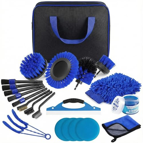 Carehabi Kit Limpieza Coche 22 Piezas - Cepillos para Taladro, Pinceles Detailing & Guante - Set Lavado Coche Interior y Exterior para Llantas, Tapicería, Salpicadero y Hogar