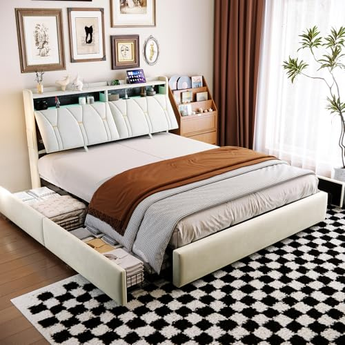 YubNct Cama de Matrimonio 160x200 cm con 4 Cajones y Almacenaje, Cama Queen Size Tapizada con Luces LED, Puerto USB y Cabecero, Estructura de Cama con Somier de Madera, Beige (Sin Colchón)