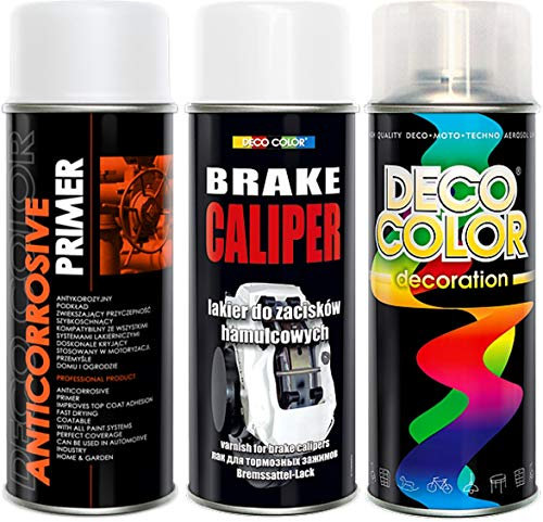 Deco Color Brake Caliper Deluxe 3 Items KIT Drum Primer Paint Protective Clear Coat Spray Gloss Moto Sport CAR Tuning Vehicle (White Deluxe kit)