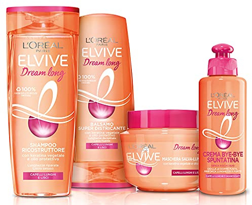 L'Oréal Paris Routine Completa Riparatrice di Lunghezze Elvive Dream Long, Kit con Shampoo, Balsamo, Maschera e Crema, Per Capelli Lunghi, Lisci e Danneggiati