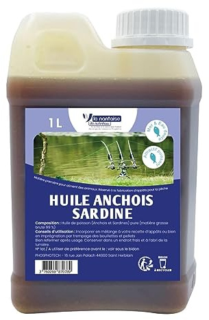 Aceite de Anchois SARDINE – Bidón de 1 L – Nantaise de Nutrition – Para cebos, boilies, pellets y cebos, atractivo potente para la pesca en el mar o en el río, aceite muy oloroso y apetito