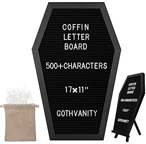 Gothvanity Gothic Coffin Letter Board - 500+ Characters Changeable Black Decor, Wooden 17x11 Inches, Table Top & Wall Mount for Home Office School