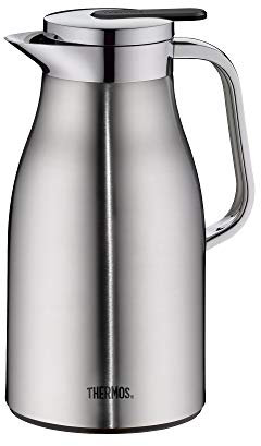 Thermos Termo Century, acero inoxidable mate, 1 litro, inserto de cristal, botón de vertido con una sola mano, jarra térmica mantiene el calor durante 12 horas, ideal como cafetera o tetera, jarra