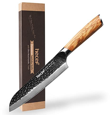 hecef 7 Inch Damascus Santoku Knife, Professional Japanese Knife, High Carbon Damascus Stainless Steel Ultra Sharp Knife with Ergonomic Olive Wood Handle