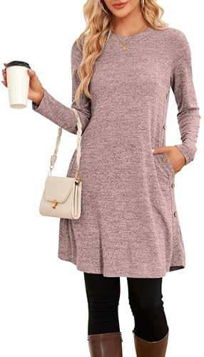 NARRAME Vestidos Tipo Jersey para Mujer de Invierno de Manga Larga con Botones causales y Bolsillos
