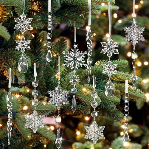 18 Pcs Crystal Snowflake and Icicle Ornaments for Christmas Tree, Hanging Acrylic Snowflake and Icicle Ornaments for Christmas Winter New Year Party and Home Decorations