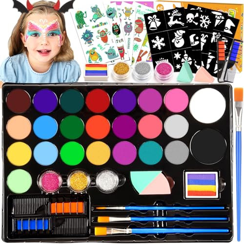 Kinderschminke Set, Halloween Schminke Karneval Faschingsschminke Kinder Professionelle mit 28 Farben Schminkpalette, 3 Berufs Pinsel, 30 Schablonen Ostern Mädchen Geschenke 3 4 5 6 7 8 9 10 Jahre