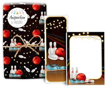 Mitgebsel-Set 12 Geschenkpapierbögen + 12 Lesezeichen + 12 Mini-Notizblöcken + 12 Aufkleber Bowling Kegeln für Jungen Mädchen Gastgeschenke für Kindergeburtstag Giveaways Bowling-Party
