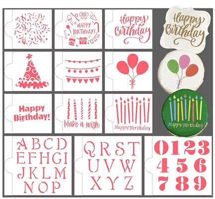 Happy Birthday Cookie Stencils 12PCS, Include Balloon/Candle/Numbers/Alphabet and Other Patterns for Birthday Cookie Stencil