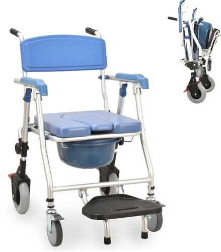 Silla de Inodoro con Ruedas, 3 En 1 Silla Wc y Ducha de Aluminio Silla de Ruedas Interior con Reposapiés Plegable, Taburete de Ducha para Personas Mayores Discapacitados Mujeres Embarazadas