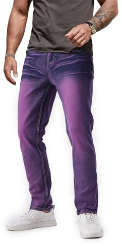 ZEESEN Jeans for Men Stretch Slim Fit Denim Comfort Flex Waist Colored Pants Strechy Regular Fit Tapered Leg, Stretch-purple-2802, 38