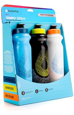 HydraPak Tempo - Botella de agua de mano para correr, paquete de 3 (525 ml), hecha para corredores, entrenamiento de maratón y botella exprimible para el día de la carrera. Perfecta para hidratación,