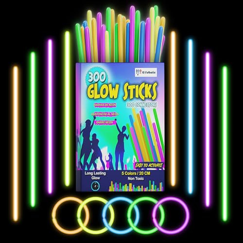 EL FUTBOLIN | Pulseras Luminosas Fluorescentes | 300 Barras Luminosas + 100 Conectores | Regalo Fiesta de Cumpleaños | Barras Luminosas Flourescentes | Neon (300 NEONES)