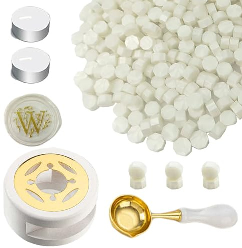 Kit de perles de cire, set de cachet avec 450PCS perles à cacheter blanc nacré, chauffe-cire, cuillère