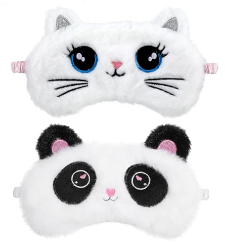 YUXIANLB 2 mascherine per dormire in peluche per bambini, colorate, morbide, per dormire, con animali carini, per dormire, in raso, per donne e bambini, idea regalo per pisolino (Panda e gatto)