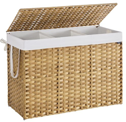 SONGMICS Wäschekorb 3 Fächern, Wäschesammler 200 L, Wäschebox aus synthetischem Rattan, mit Deckel und Griffen, geflochten, faltbar, herausnehmbarer Wäschesack, naturfarben LCB320Y01