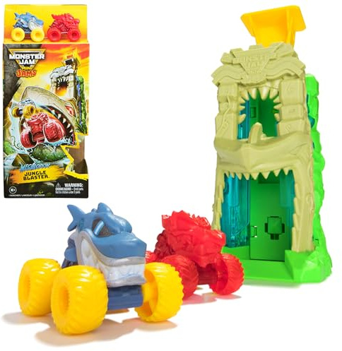 Monster Jam Mini Jams, Megalodon Jungle Blaster Launcher Playset, 2 Exclusive Die-Cast Monster Trucks & Accessory, Kids Toys for Boy and Girls Ages 3 and up