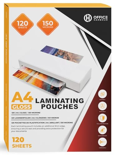 A4 lamineringspåsar – 120 ark | 150 mikron | glansig finish | vattentät, hållbar, trimbar, torkbar | 3 mm kant för enkel tätning | perfekt för dokument, foton, certifikat