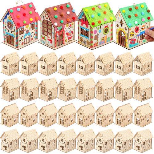 DoubleFill 36 Pcs Wood Gingerbread House Craft Kit for Kids DIY Wooden Christmas Birdhouse Craft Kits Holiday Village Houses Make a Gingerbread Wooden House for Xmas Party Game Supplies