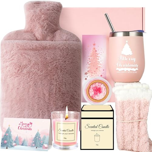 Hot Water Bottle Gift Set - Christmas Gifts for Women,Pamper Hamper Xmas Gifts Kit for Her,Self Care Bath Set Gift for Ladies,Pink Gifts Box for Women Ideas Christmas Box with Hot Water Bag